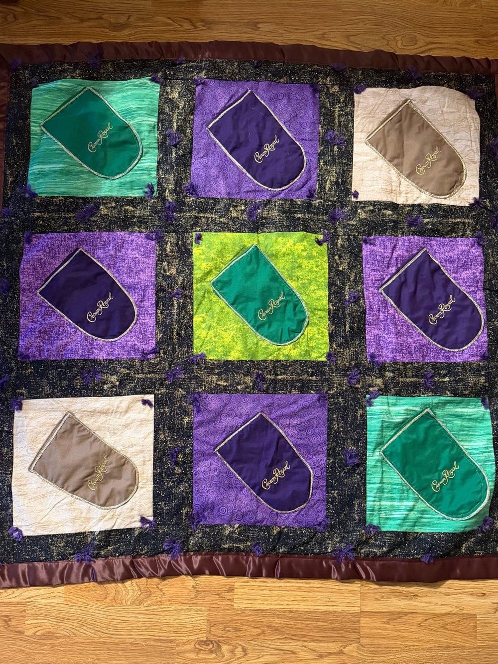 Crown Royal Quilt Lap Blanket 46x47 Patchwork Purple Green Tan Satin Border Tied